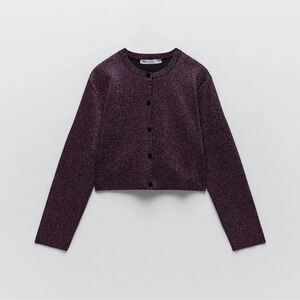 NWT Zara purple &  black shimmery tinsel-like knit cropped cardigan size S